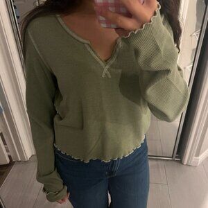 American Eagle Outfitters Green Crop Ribbed Hoodie